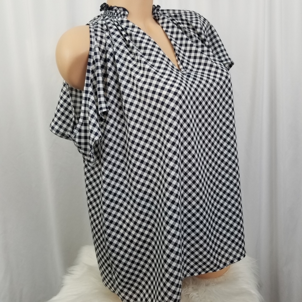 S.H.E. Cold Shoulder Blue White Gingham Top S NWT